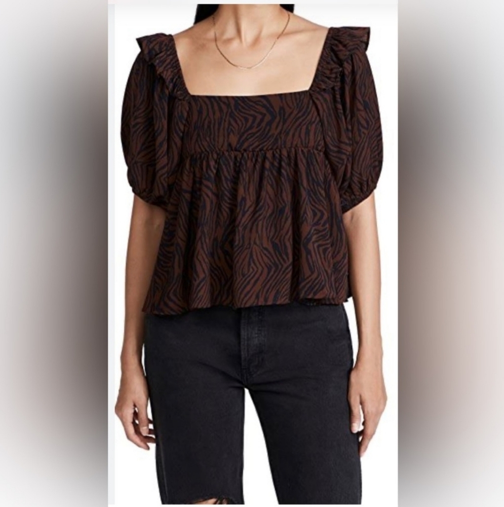 En Saison Brown Black Puff Sleeve Tie Back Babydoll Top Xs